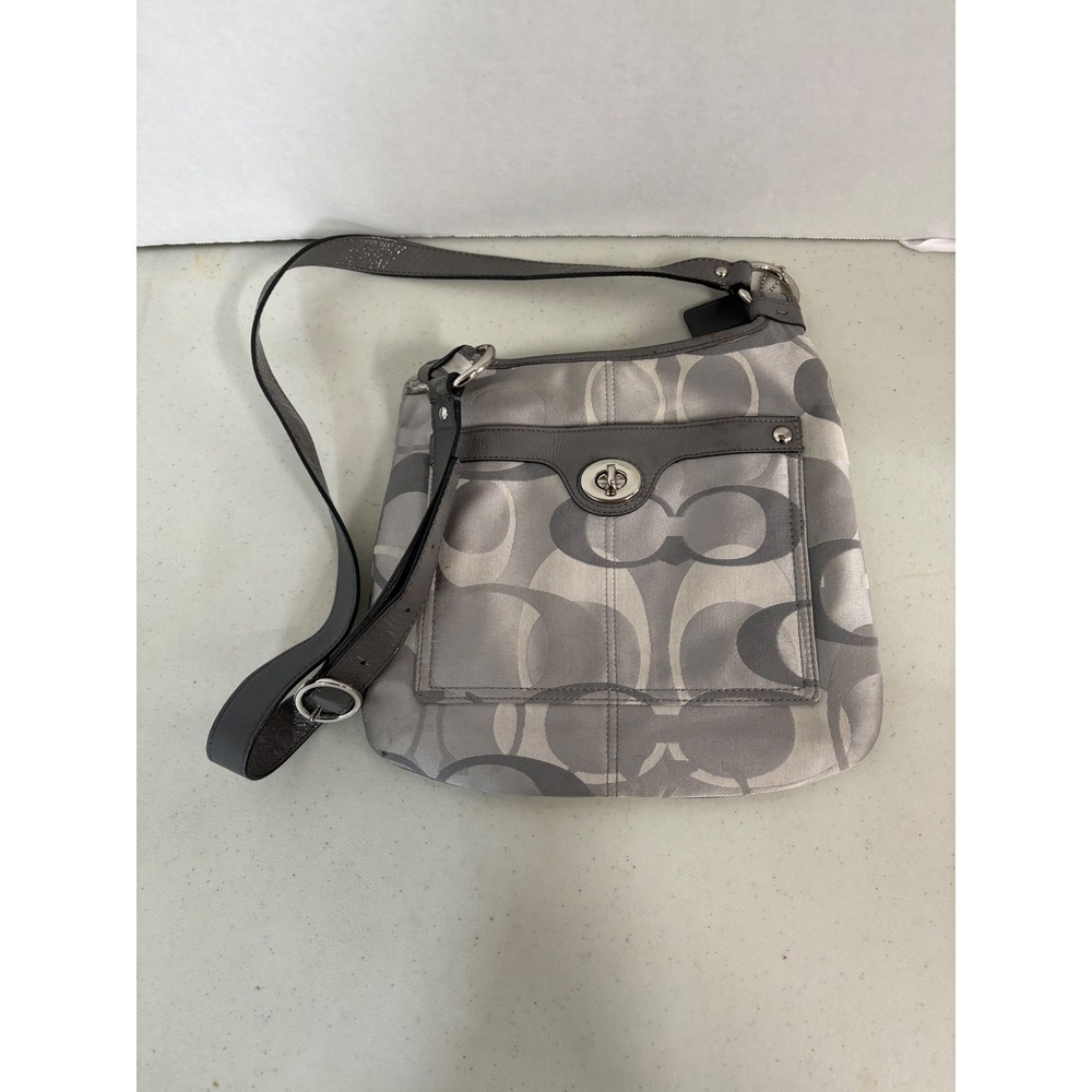 Coach Signature Monogram Hobo‎ Shoulder Bag Grey Silver Leather Trim